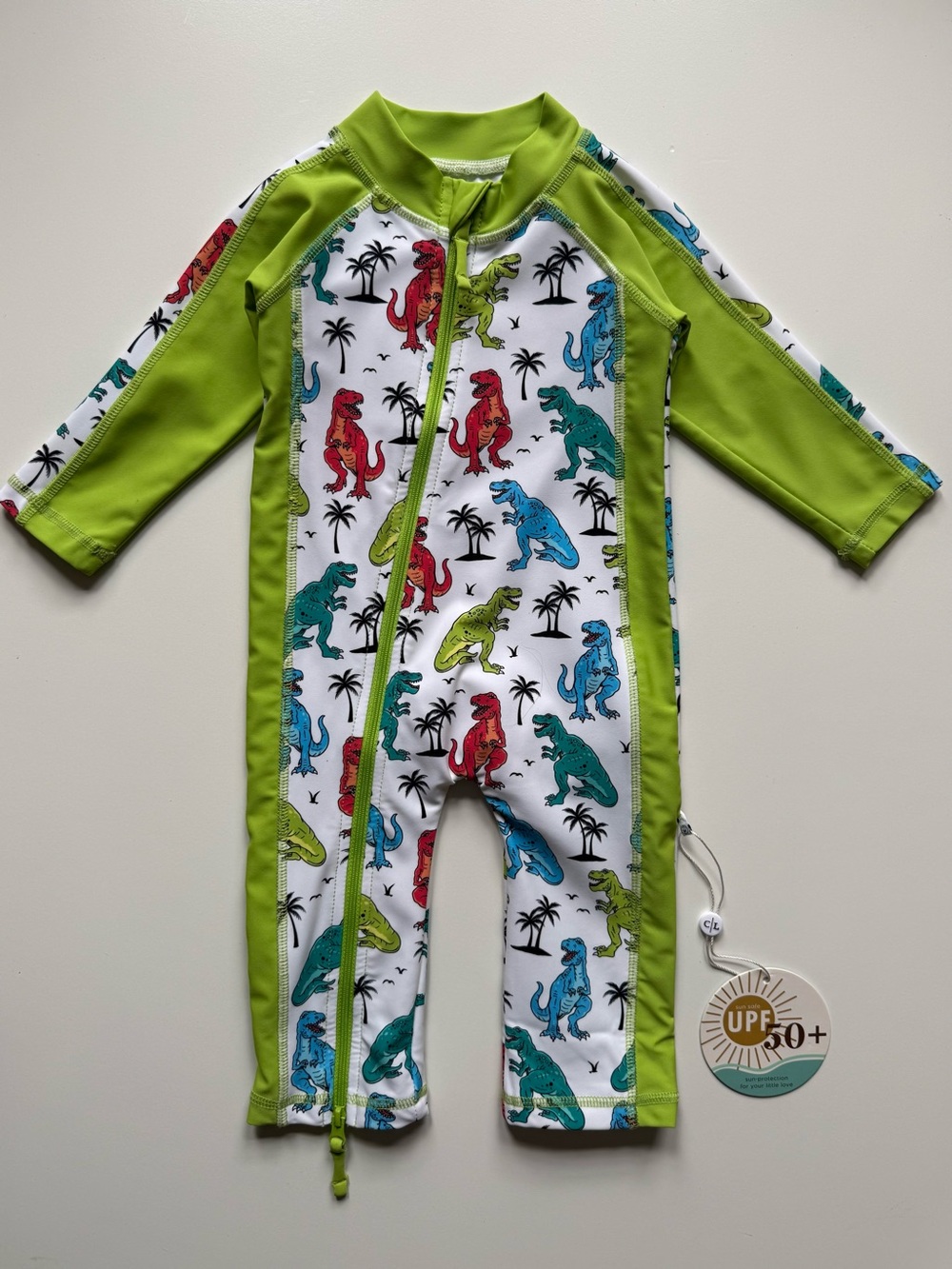 Caden Lane Baby Long-Sleeve Full Length Rashguard Swimsuit, Tropical T-Rex -3-6M